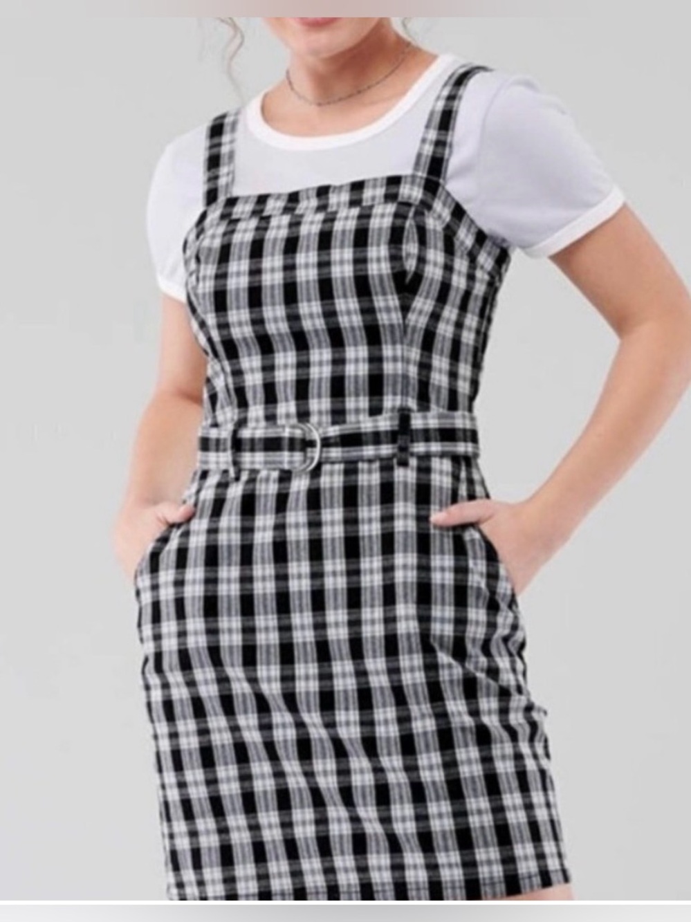 Hollister Black and White Plaid Belted Pinafore Dress L